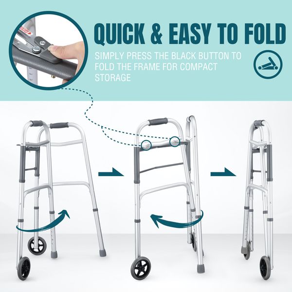 3 IN 1 Folding Walker Medical Aid Elderly Mobility Walking Height Adjustable Toilet Outdoor Aluminum Frame Wheels Standard Lightweight