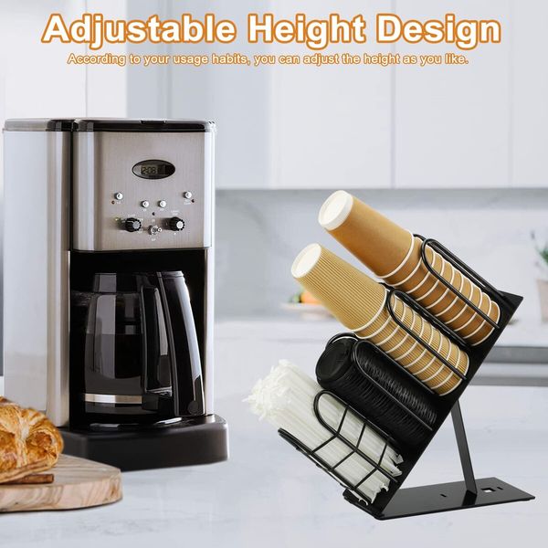 Metal Cup and Lid Holder, 4 Compartment Coffee Cup Dispenser Black Coffee Cup Holder for Countertop Cup and Lid Organizer