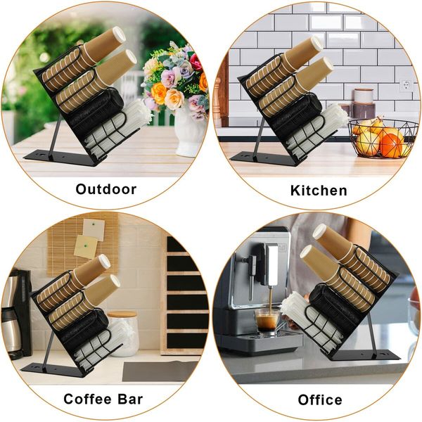 Metal Cup and Lid Holder, 4 Compartment Coffee Cup Dispenser Black Coffee Cup Holder for Countertop Cup and Lid Organizer