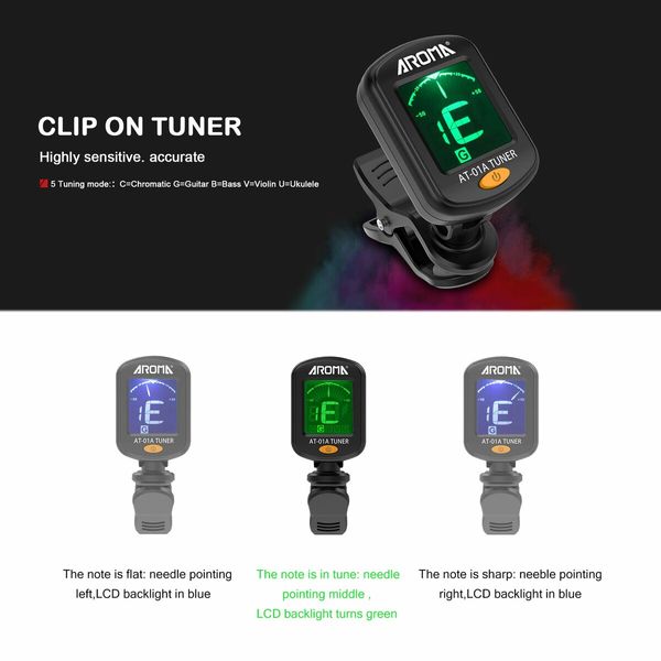 Guitar tuner 2 Pacl Clip On Tuner for Guitar/Bass/Violin/ukulele,Auto Power Off/One Button Operation