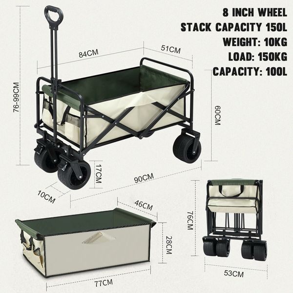 Garden Beach Cart Wagon Foldable Utility Shopping Trolley Trailer Outdoor Picnic Camping Sports Market Barrow Luggage Grocery Collapsible 150kg