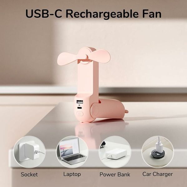 Mini Handheld Fan, 3 in 1 Handheld Fan, USB Rechargeable Small Pocket Fan, Battery Fan [14-21 Hours Working] with Power Bank, Travel, Outdoor, Pink