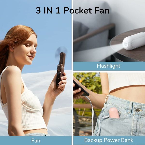 Mini Handheld Fan, 3 in 1 Handheld Fan, USB Rechargeable Small Pocket Fan, Battery Fan [14-21 Hours Working] with Power Bank, Travel, Outdoor, Pink