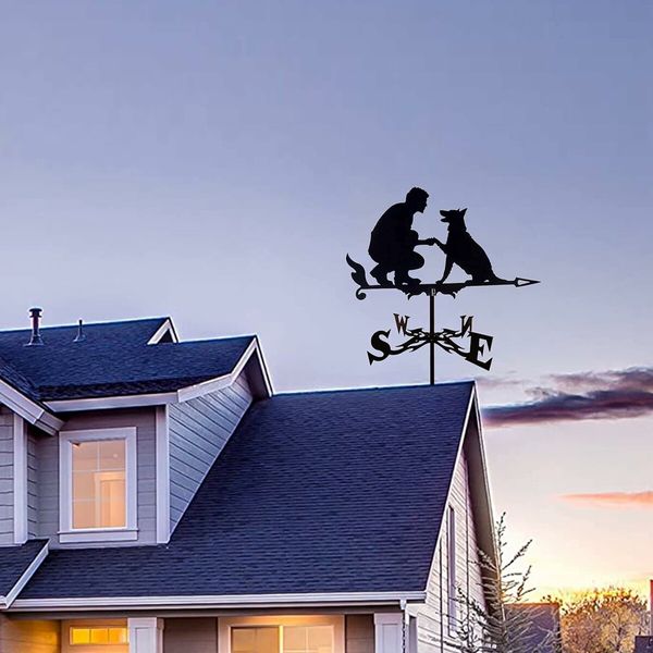 Weathervane Man Dog Shape Outdoor Courtyard,Weather Vane Wind Direction Indicator,Weathercock Scene Stake Stainless Steel for Roof Mount Garden
