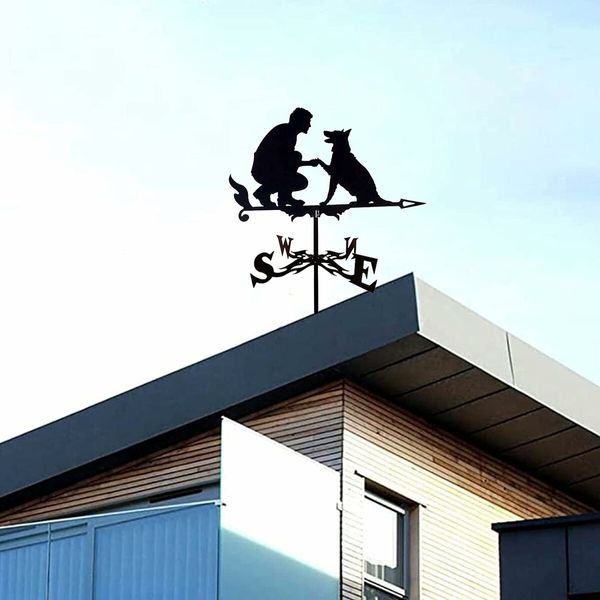 Weathervane Man Dog Shape Outdoor Courtyard,Weather Vane Wind Direction Indicator,Weathercock Scene Stake Stainless Steel for Roof Mount Garden