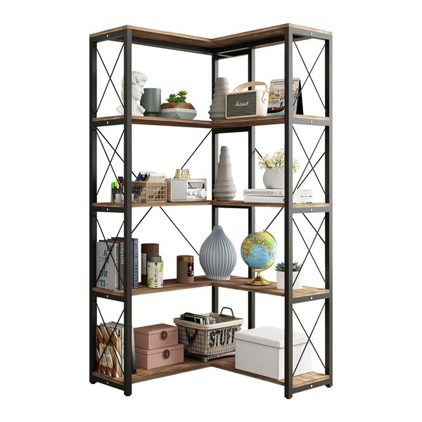 Bookshelf Display Corner Shelf 4 Tier CD DVD Photo Storage Media Rack Plant Ornament Holder Metal Shelving Black