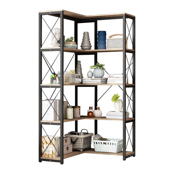 Bookshelf Display Corner Shelf 4 Tier CD DVD Photo Storage Media Rack Plant Ornament Holder Metal Shelving Black