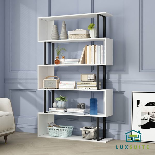 Bookshelf Display 5 Tier Shelf S Shape CD DVD Photo Storage Media Rack Plant Ornament Holder Metal Shelving Black Room