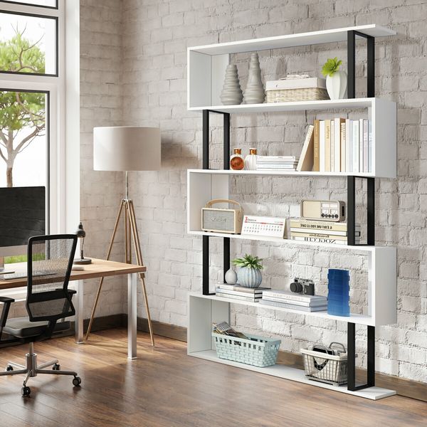 Bookshelf Display 5 Tier Shelf S Shape CD DVD Photo Storage Media Rack Plant Ornament Holder Metal Shelving Black Room