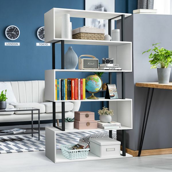 Bookshelf Display 5 Tier Shelf S Shape CD DVD Photo Storage Media Rack Plant Ornament Holder Metal Shelving Black Room