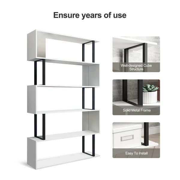 Bookshelf Display 5 Tier Shelf S Shape CD DVD Photo Storage Media Rack Plant Ornament Holder Metal Shelving Black Room