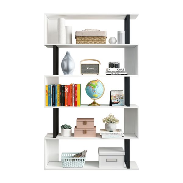 Bookshelf Display 5 Tier Shelf S Shape CD DVD Photo Storage Media Rack Plant Ornament Holder Metal Shelving Black Room