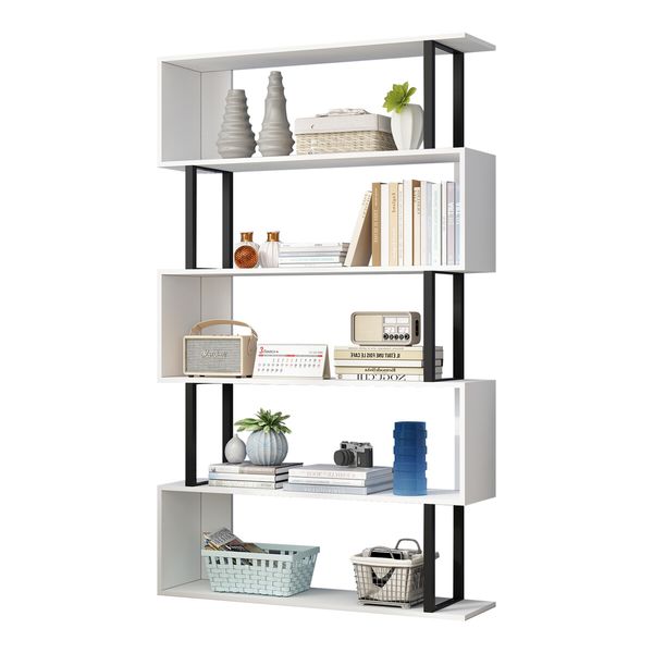 Bookshelf Display 5 Tier Shelf S Shape CD DVD Photo Storage Media Rack Plant Ornament Holder Metal Shelving Black Room