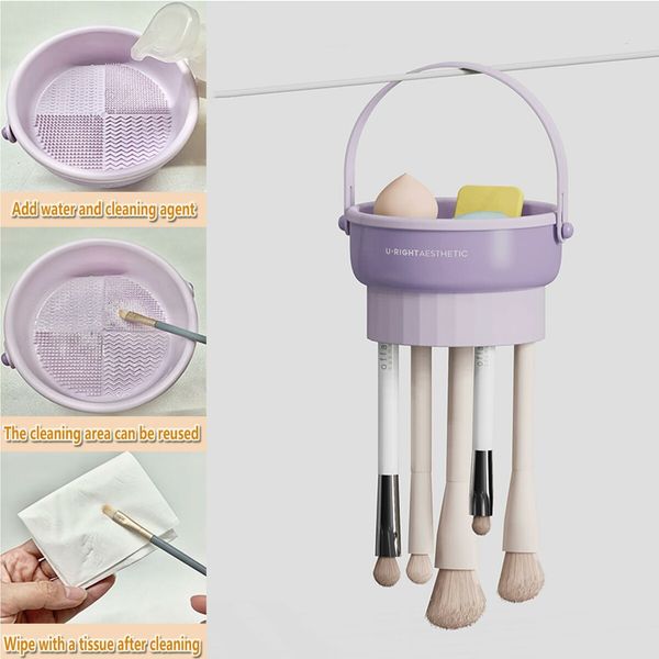 Makeup Brush Cleaner Mat 3 in 1 Silicone Makeup Brush Cleaner Bowl with Brush Drying Holder Cosmetic Brushes Cleaning Tool Organizer for Storage & Air Dry (Purple)