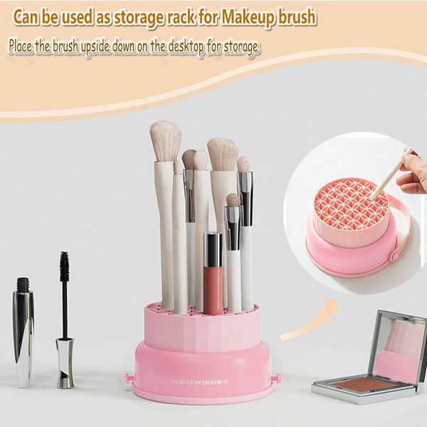 Makeup Brush Cleaner Mat 3 in 1 Silicone Makeup Brush Cleaner Bowl with Brush Drying Holder Cosmetic Brushes Cleaning Tool Organizer for Storage & Air Dry (Pink)