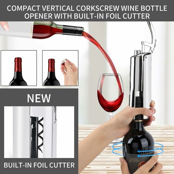 Stainless Steel Wine Opener Compact Vertical Lever Corkscrew with Built in Foil Cutter