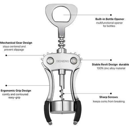 Wine Opener, Zinc Alloy Premium Wing Corkscrew Wine Bottle Opener with Multifunctional Bottles Opener