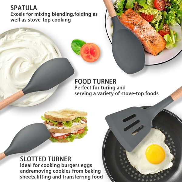 11 Pcs Silicone Cooking Utensils Kitchen Utensil Set Heat Resistant,Spoon, Brush, Whisk, Wooden Handle Black Kitchen Gadgets with Holder for Cookware Color White