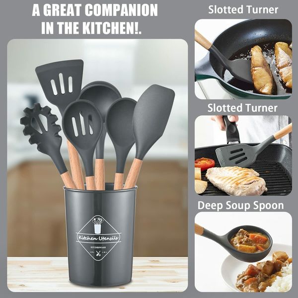 11 Pcs Silicone Cooking Utensils Kitchen Utensil Set Heat Resistant,Spoon, Brush, Whisk, Wooden Handle Black Kitchen Gadgets with Holder for Cookware Color White