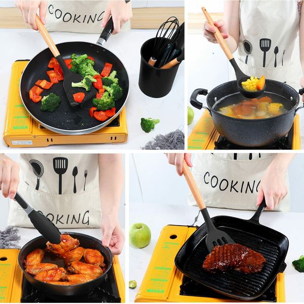 11 Pcs Silicone Cooking Utensils Kitchen Utensil Set Heat Resistant,Spoon, Brush, Whisk, Wooden Handle Black Kitchen Gadgets with Holder for Cookware Color White