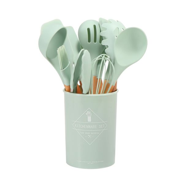 11 Pcs Silicone Cooking Utensils Kitchen Utensil Set Heat Resistant,Spoon, Brush, Whisk, Wooden Handle Black Kitchen Gadgets with Holder for Cookware Color Green