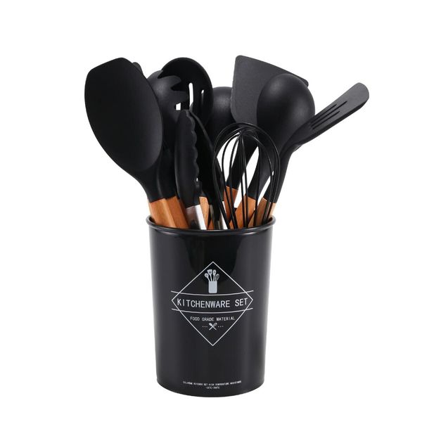 11 Pcs Silicone Cooking Utensils Kitchen Utensil Set Heat Resistant,Spoon, Brush, Whisk, Wooden Handle Black Kitchen Gadgets with Holder for Cookware Color Black