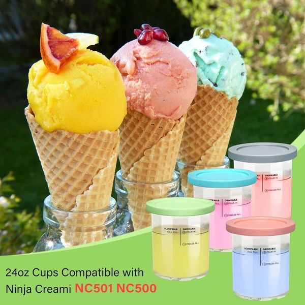 Replacement Pints and Lids for Ninja NC501 NC500 Series Creami Deluxe, 4 Pack - Compatible with Ninja Creami Deluxe Ice Cream Maker (Blue, Pink, Grey, Green)