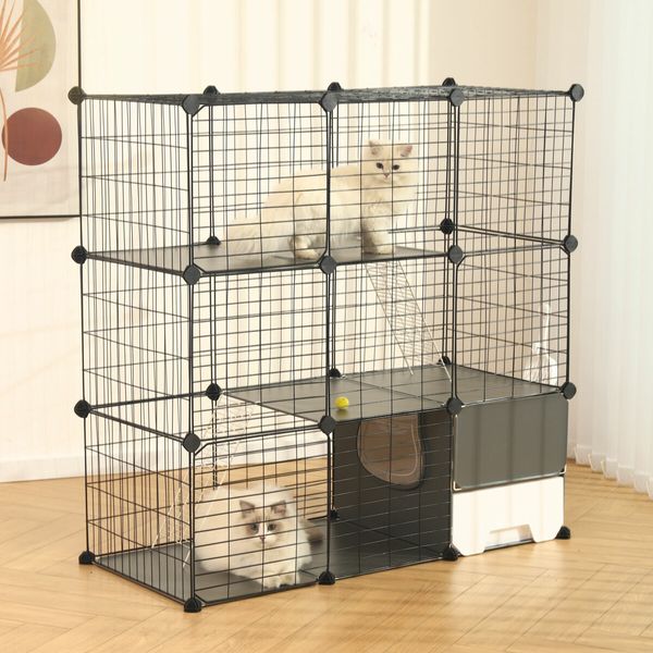 3 Tier Cat Enclosure Cage Large DIY Pet Crate Rabbit Hutch Ferret Kitten Bunny House Fence Kennel Kitty Playpen with Litter Box Platforms Ramps