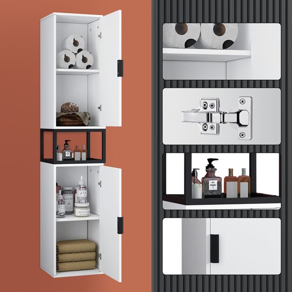 Bathroom Storage Cabinet Shower Medicine Organiser Shelves Display Cupboard Tall Narrow Corner Floor Unit Tallboy Furniture LED Light 2 Doors White