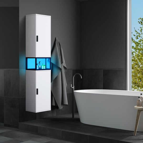 Bathroom Storage Cabinet Shower Medicine Organiser Shelves Display Cupboard Tall Narrow Corner Floor Unit Tallboy Furniture LED Light 2 Doors White