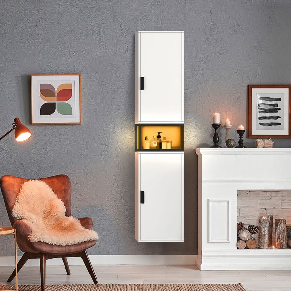 Bathroom Storage Cabinet Shower Medicine Organiser Shelves Display Cupboard Tall Narrow Corner Floor Unit Tallboy Furniture LED Light 2 Doors White