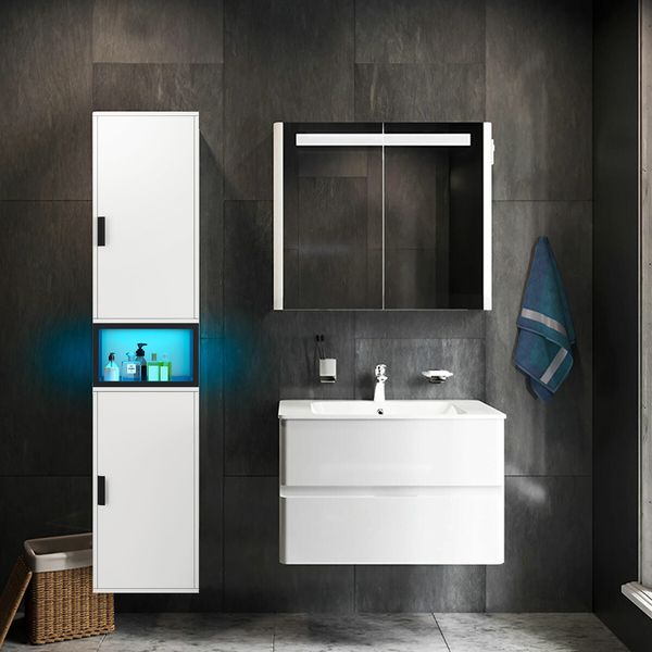 Bathroom Storage Cabinet Shower Medicine Organiser Shelves Display Cupboard Tall Narrow Corner Floor Unit Tallboy Furniture LED Light 2 Doors White