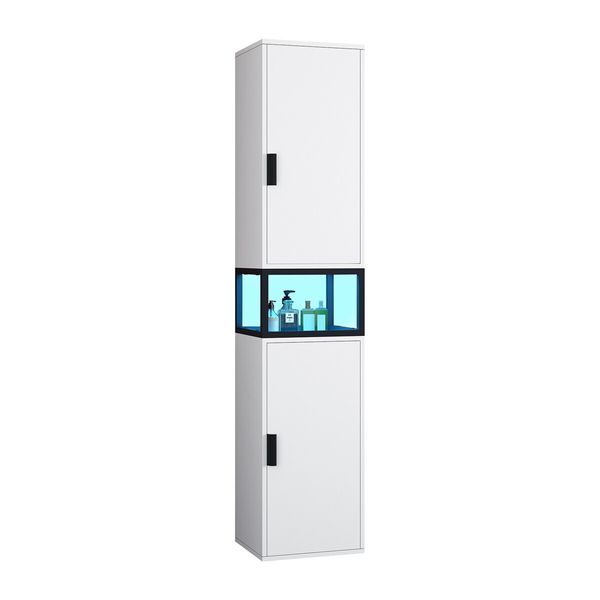 Bathroom Storage Cabinet Shower Medicine Organiser Shelves Display Cupboard Tall Narrow Corner Floor Unit Tallboy Furniture LED Light 2 Doors White