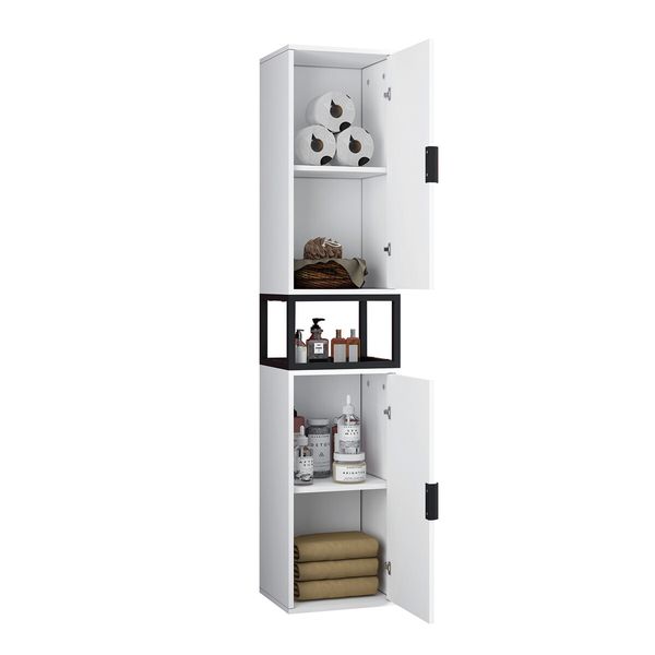 Bathroom Storage Cabinet Shower Medicine Organiser Shelves Display Cupboard Tall Narrow Corner Floor Unit Tallboy Furniture LED Light 2 Doors White