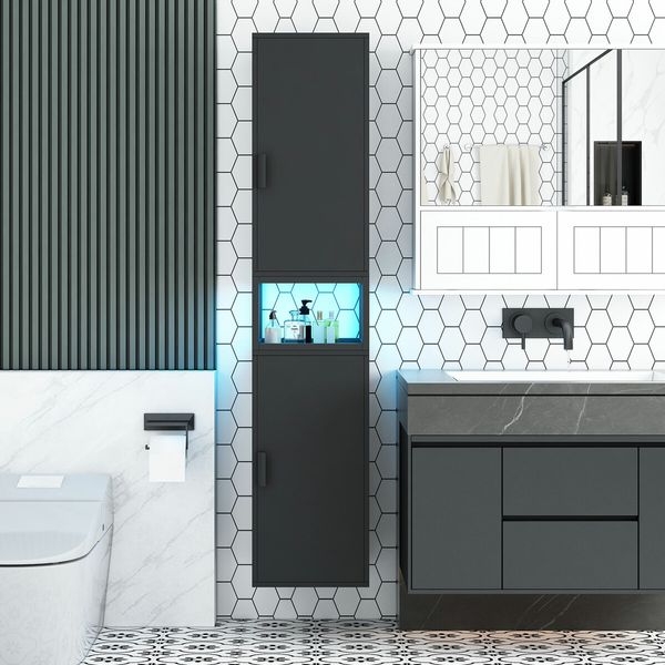 Bathroom Storage Cabinet Medicine Shower Organiser Cupboard Shelves Corner Tall Narrow Floor Display Unit Tallboy 2 Doors LED Light Black