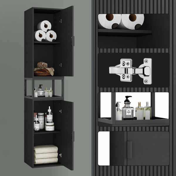 Bathroom Storage Cabinet Medicine Shower Organiser Cupboard Shelves Corner Tall Narrow Floor Display Unit Tallboy 2 Doors LED Light Black