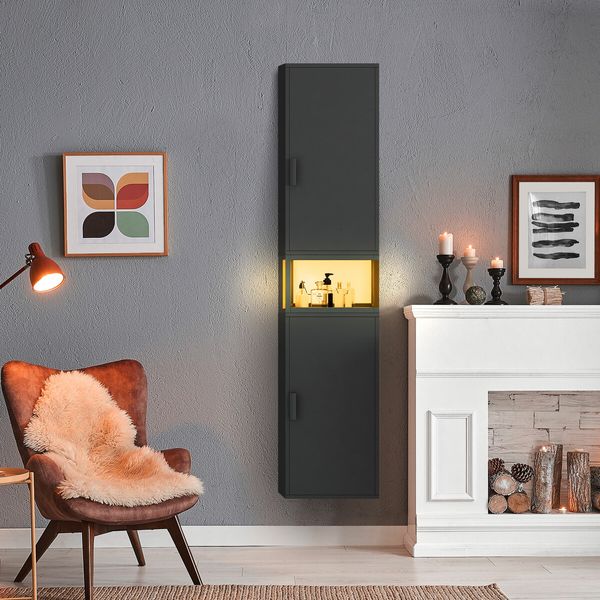 Bathroom Storage Cabinet Medicine Shower Organiser Cupboard Shelves Corner Tall Narrow Floor Display Unit Tallboy 2 Doors LED Light Black