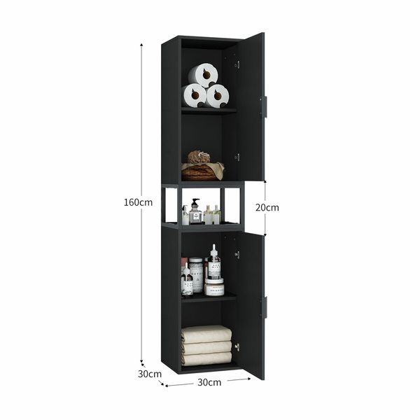 Bathroom Storage Cabinet Medicine Shower Organiser Cupboard Shelves Corner Tall Narrow Floor Display Unit Tallboy 2 Doors LED Light Black