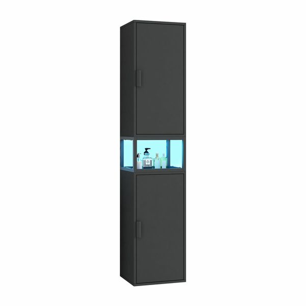 Bathroom Storage Cabinet Medicine Shower Organiser Cupboard Shelves Corner Tall Narrow Floor Display Unit Tallboy 2 Doors LED Light Black