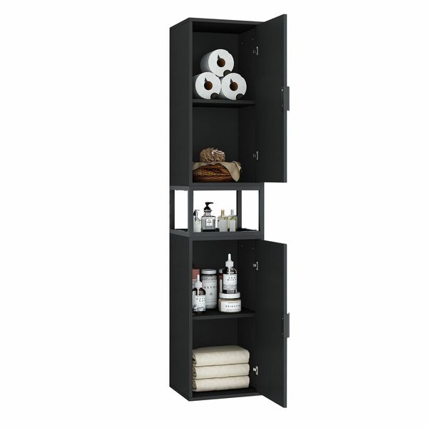 Bathroom Storage Cabinet Medicine Shower Organiser Cupboard Shelves Corner Tall Narrow Floor Display Unit Tallboy 2 Doors LED Light Black