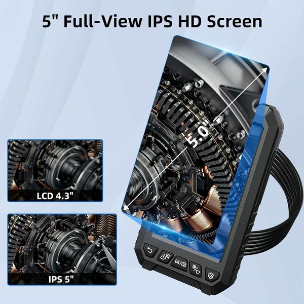 3.9mm 5 inch IPS Screen Endoscope Camera, 1080P Borescope Inspection Camera with 5 Meters Semi Rigid Flexible Cable