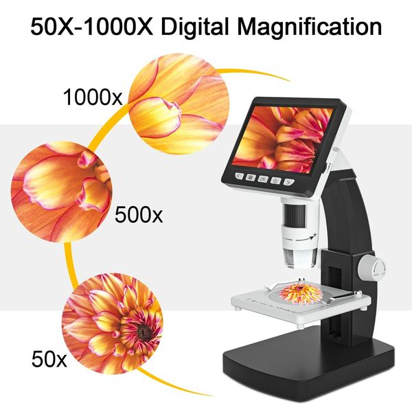 LCD Digital Microscope 4.3 inch Coin Microscope 50X-1000X Magnification,USB Microscope with 8 Adjustable LED Lights