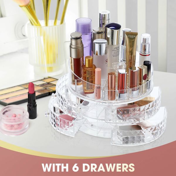 Rotating Makeup Organiser Jewellery Storage Organizer Box Cosmetic Case Holder 6 Drawers Portable Display Stand Container 360 Degree Spinning Transparent