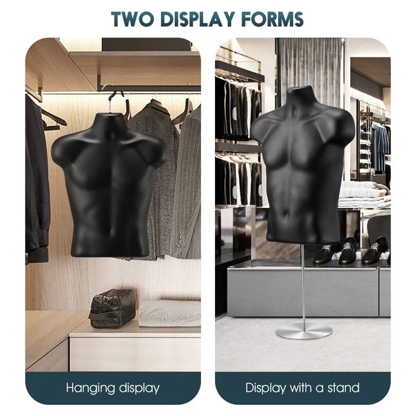 2PCS Male Mannequin Dressmakers Manikin Display Fashion Dress Form Torso Mens Sewing Dummy Hollow Back Adjustable 70-100cm Black with Stands