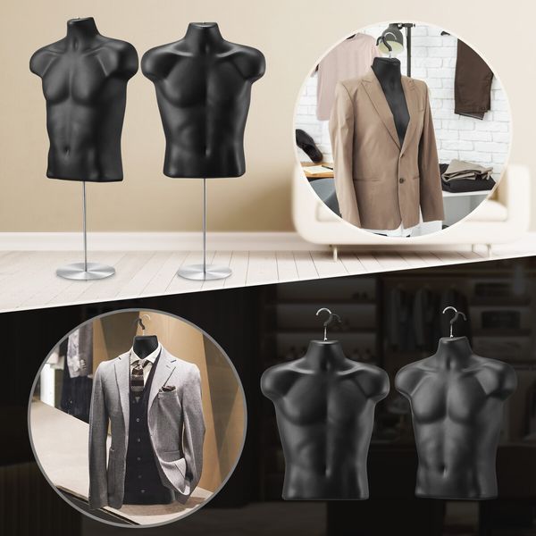 2PCS Male Mannequin Dressmakers Manikin Display Fashion Dress Form Torso Mens Sewing Dummy Hollow Back Adjustable 70-100cm Black with Stands