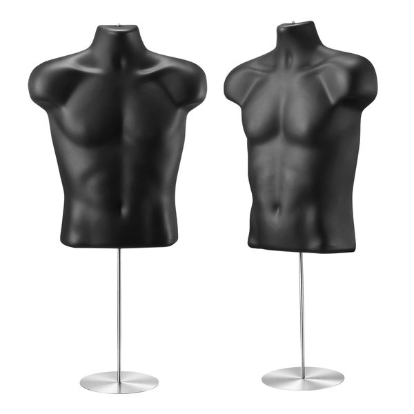 2PCS Male Mannequin Dressmakers Manikin Display Fashion Dress Form Torso Mens Sewing Dummy Hollow Back Adjustable 70-100cm Black with Stands