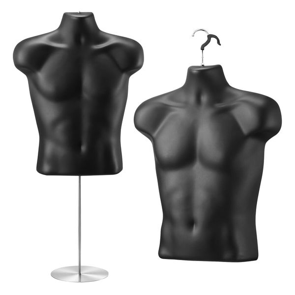 2PCS Male Mannequin Dressmakers Manikin Display Fashion Dress Form Torso Mens Sewing Dummy Hollow Back Adjustable 70-100cm Black with Stands