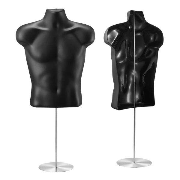 2PCS Male Mannequin Dressmakers Manikin Display Fashion Dress Form Torso Mens Sewing Dummy Hollow Back Adjustable 70-100cm Black with Stands