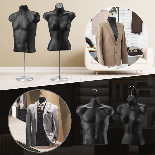 Male Female Mannequin Display Dressmakers Torso Dress Form Fashion Sewing Mens Women Dummy 70-100cm Hollow Back Black with Stands 2PCS