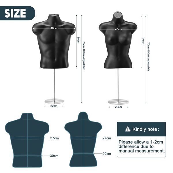 Male Female Mannequin Display Dressmakers Torso Dress Form Fashion Sewing Mens Women Dummy 70-100cm Hollow Back Black with Stands 2PCS